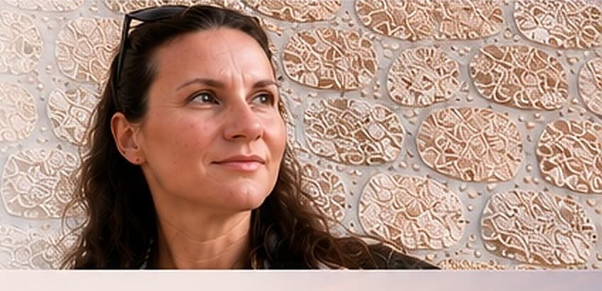 Julia von Taube vor einer hellen Natursteinmauer