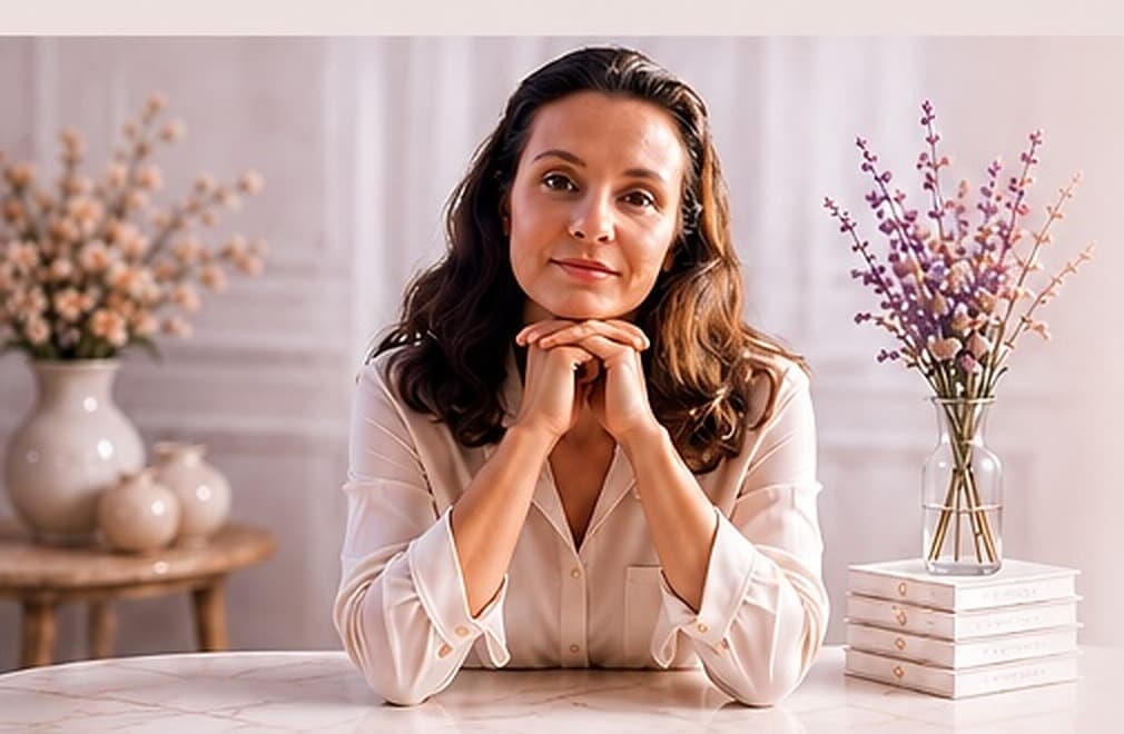 Julia von Taube an einem hellen Tisch, aufgestützt, im Hintergrund Blumen